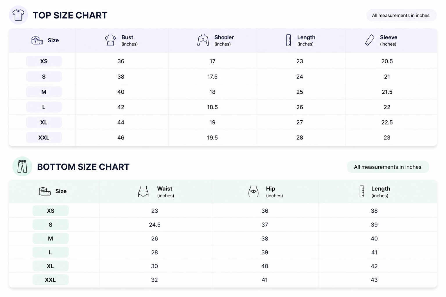Size chart for VvTi Sapphire Luxe Set
